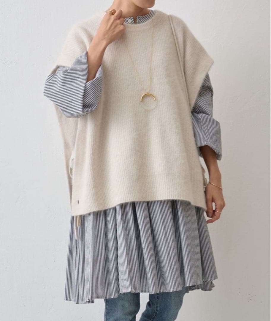 【23SS美品】BEARDSLEY 先染めギャザーチュニックワンピースストライプ