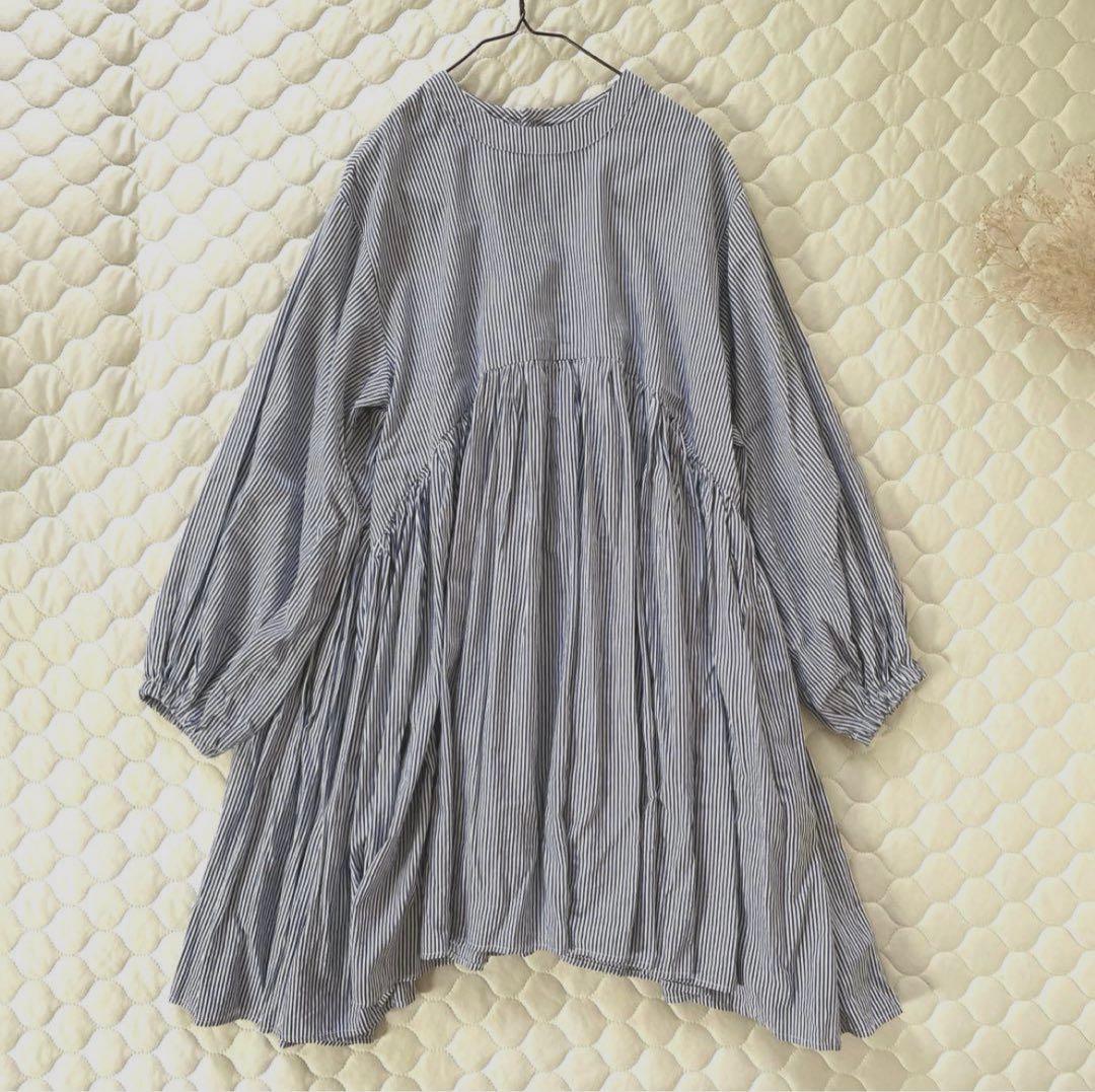 【23SS美品】BEARDSLEY 先染めギャザーチュニックワンピースストライプ