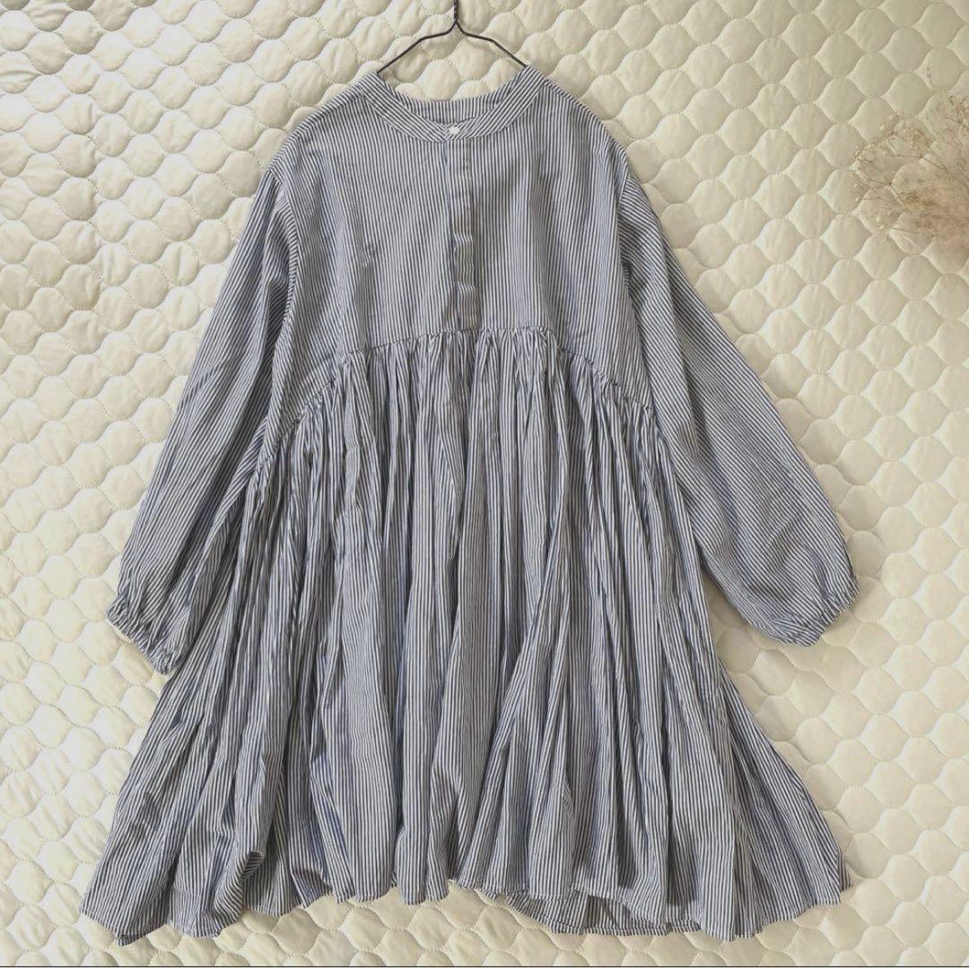 【23SS美品】BEARDSLEY 先染めギャザーチュニックワンピースストライプ