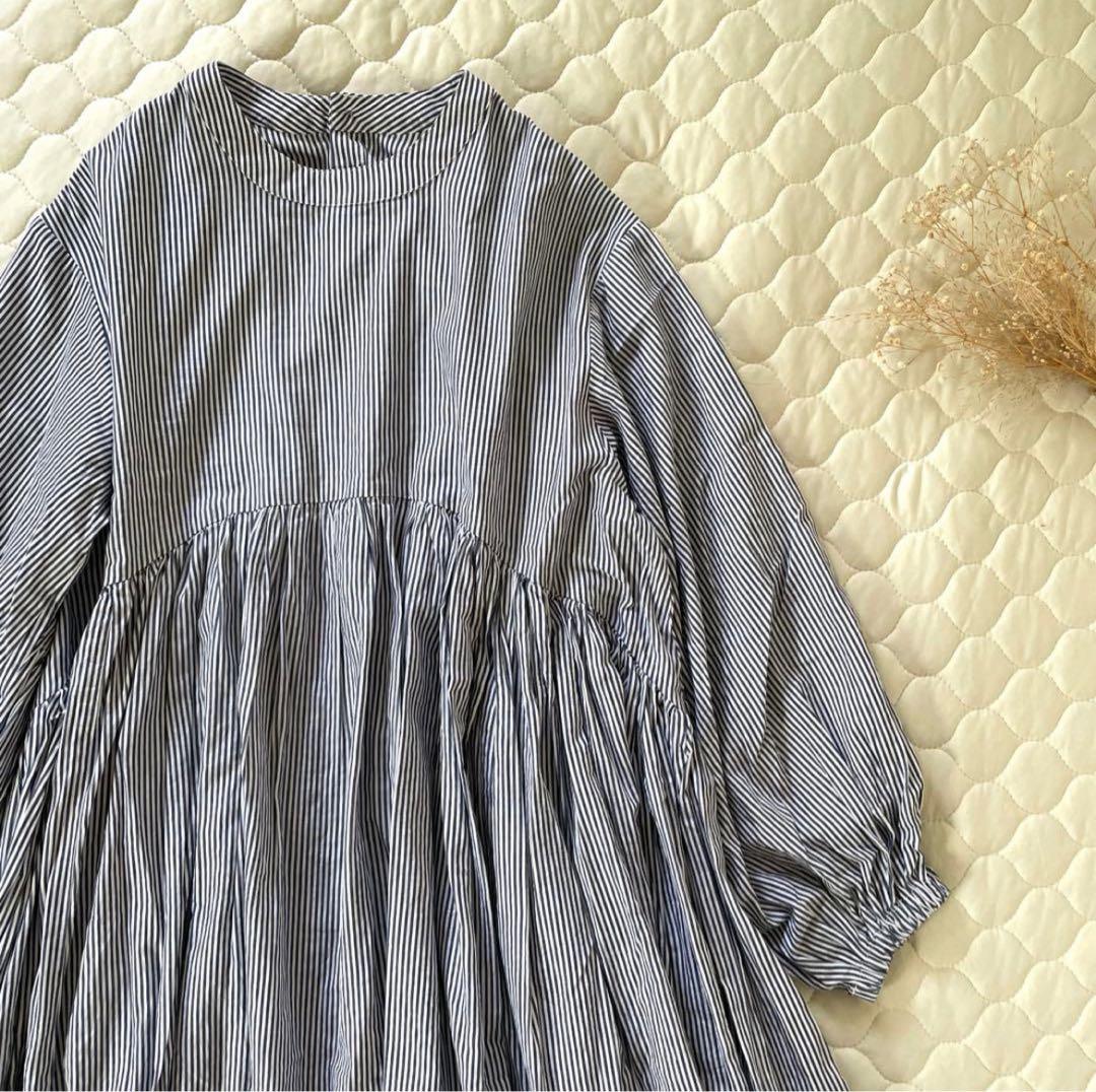 【23SS美品】BEARDSLEY 先染めギャザーチュニックワンピースストライプ