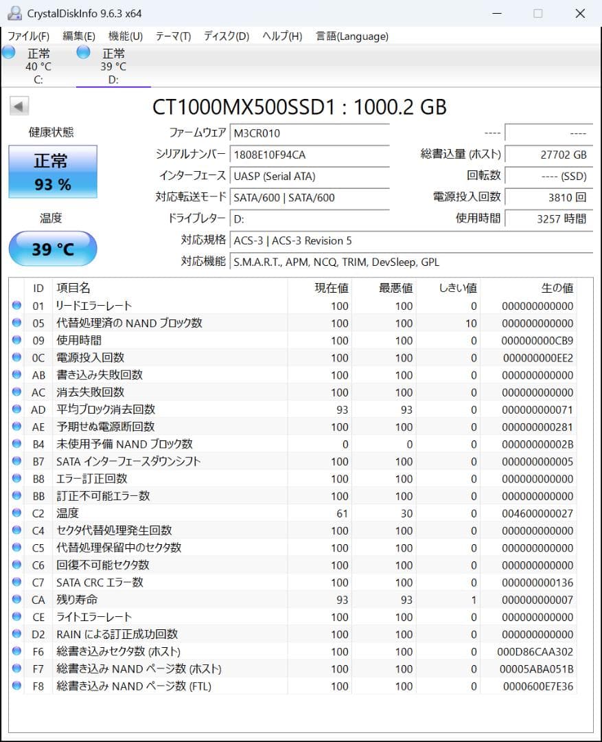Crucial MX500SSD1 1000,2GB(1TB) 2,5インチ