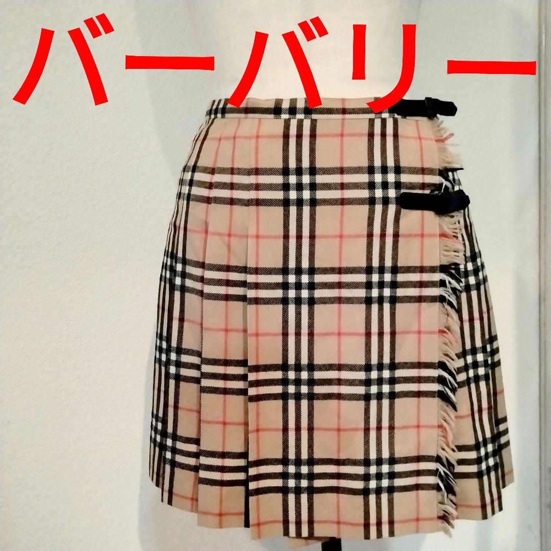 バーバリー　36 ノバチェック柄プリーツスカート ベージュ巻きスカートウール