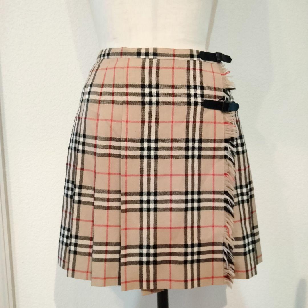バーバリー　36 ノバチェック柄プリーツスカート ベージュ巻きスカートウール