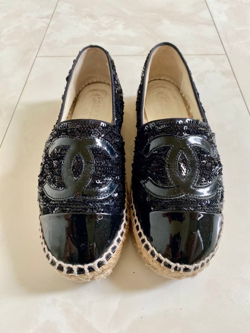 美品 CHANEL エスパドリーユ スリッポン スニーカー 黒 35 シャネル