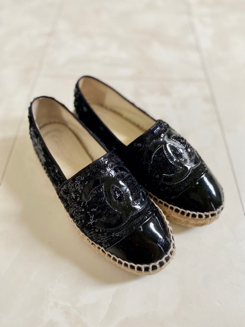 美品 CHANEL エスパドリーユ スリッポン スニーカー 黒 35 シャネル