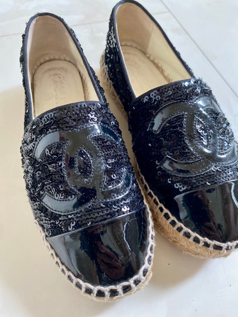 美品 CHANEL エスパドリーユ スリッポン スニーカー 黒 35 シャネル