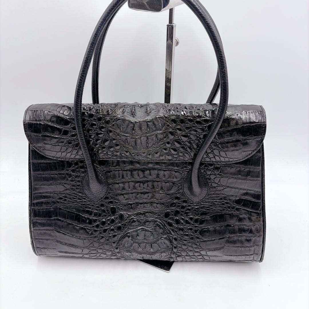 クロコダイル レザー フラップ トートバッグ ハンドバッグ ブラック