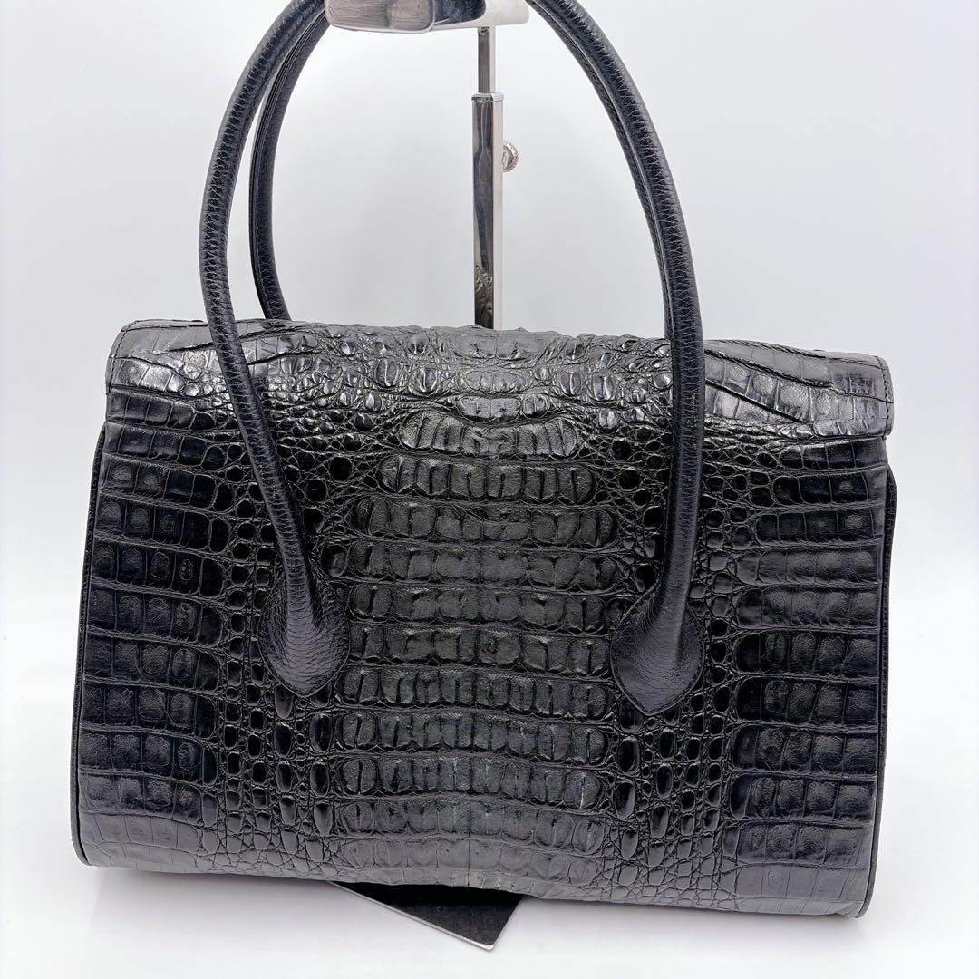 クロコダイル レザー フラップ トートバッグ ハンドバッグ ブラック