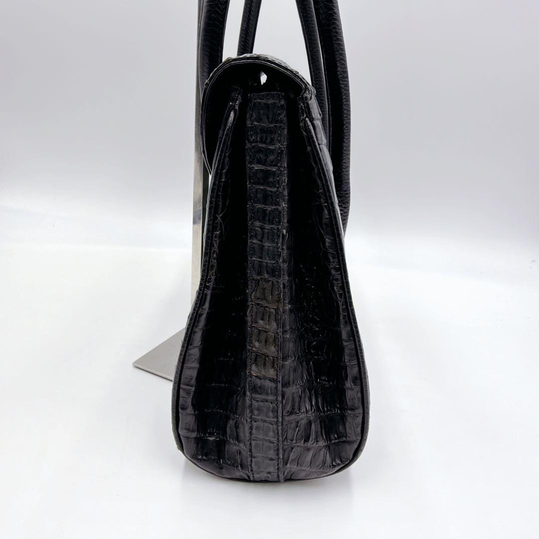 クロコダイル レザー フラップ トートバッグ ハンドバッグ ブラック