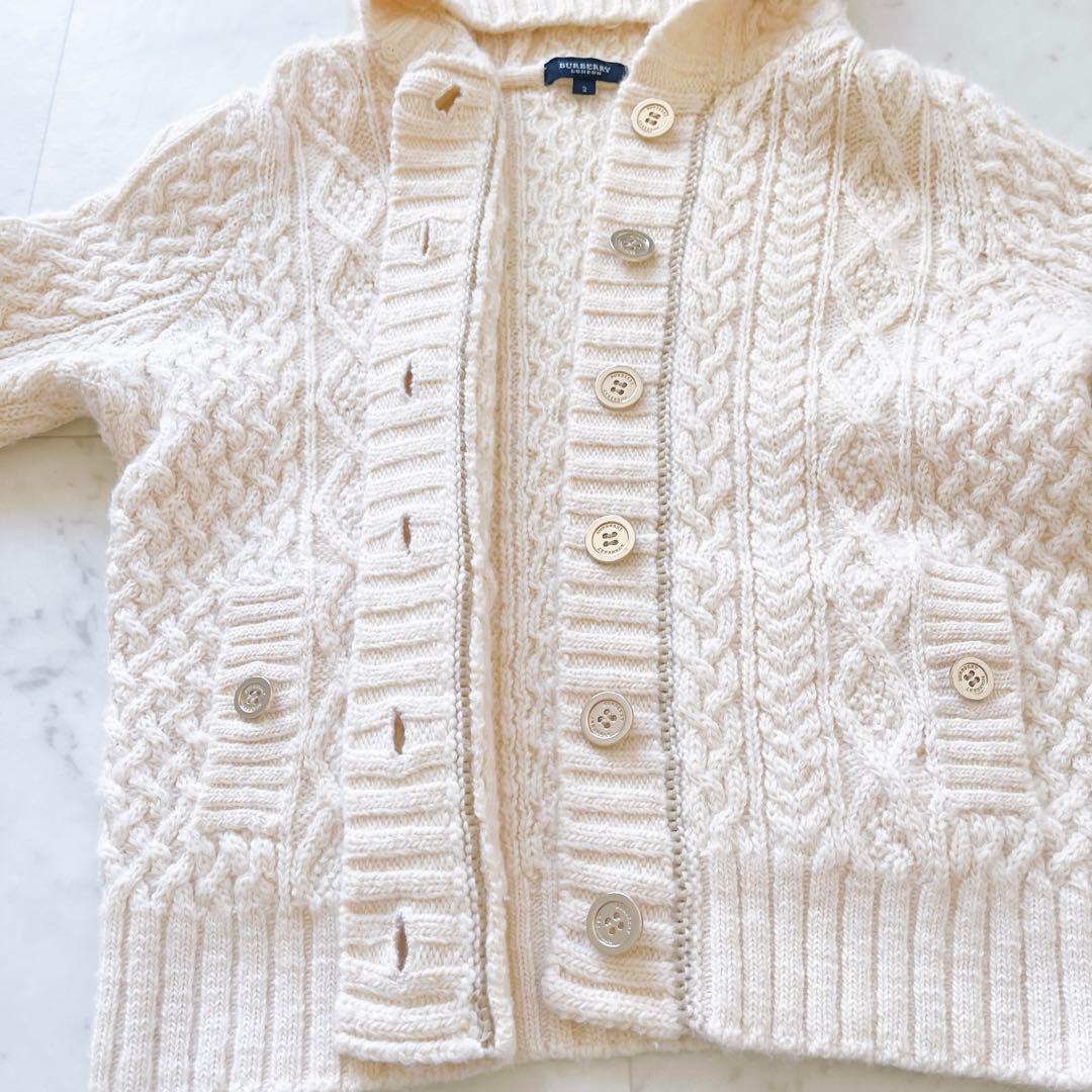 バーバリーブルーレーベル　アンゴラ混ケーブルニットカーディガン　フード　金ボタン