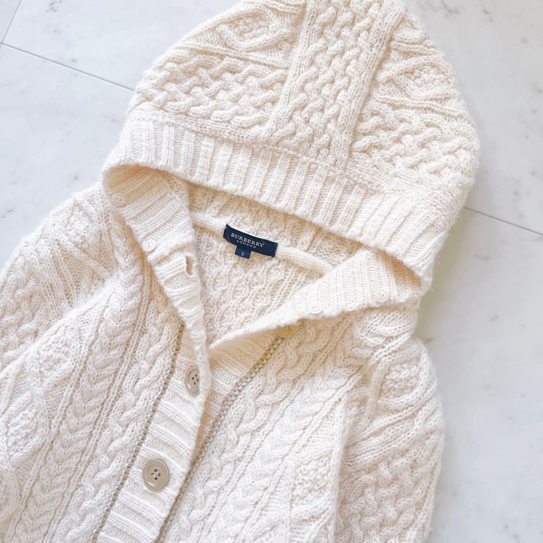 バーバリーブルーレーベル　アンゴラ混ケーブルニットカーディガン　フード　金ボタン