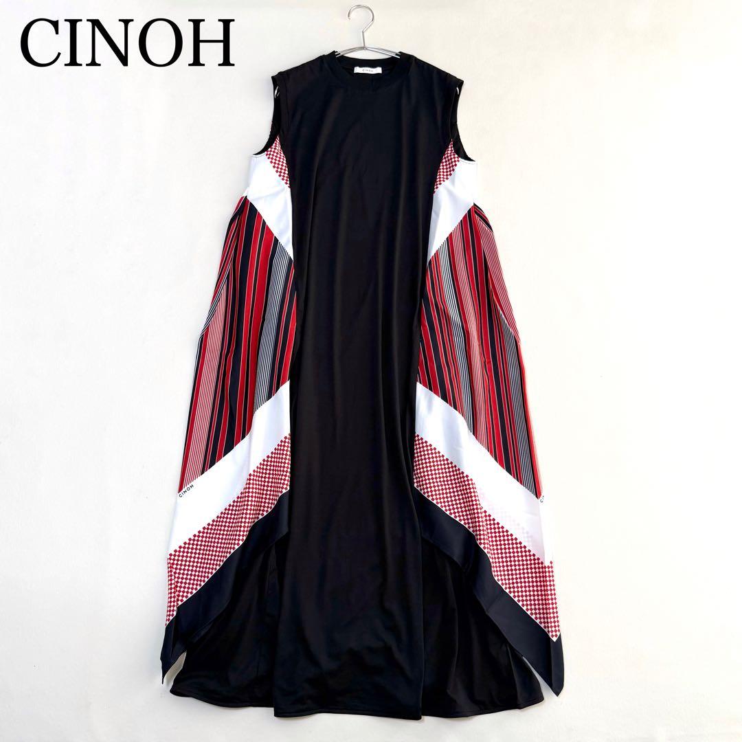 未使用✨チノ✨スカーフ柄フレアマキシワンピース　ブラック・レッド　ノースリーブ