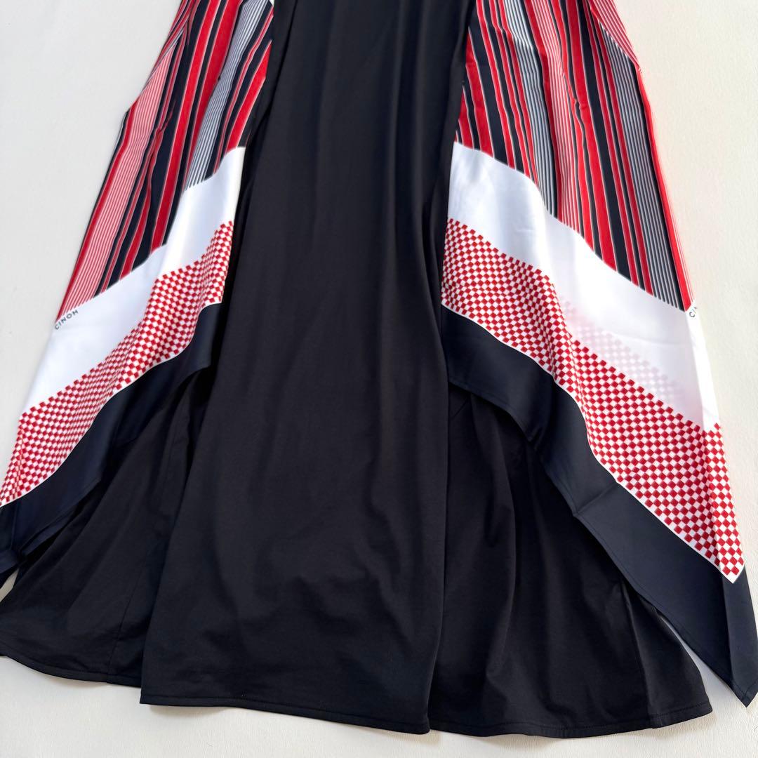 未使用✨チノ✨スカーフ柄フレアマキシワンピース　ブラック・レッド　ノースリーブ