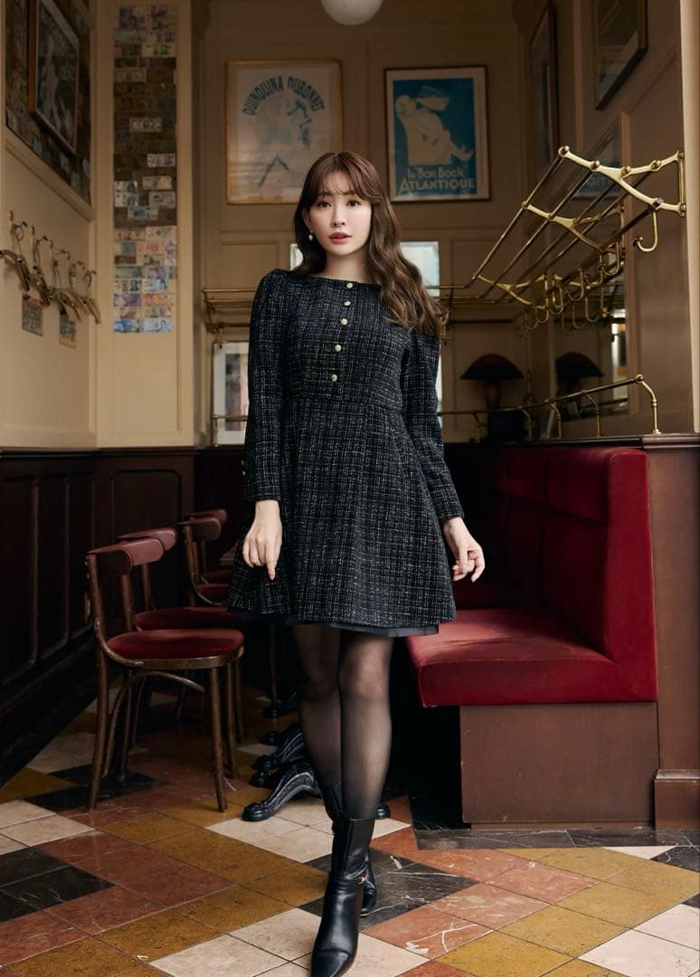 Herlipto ブラック ツイードミニワンピース