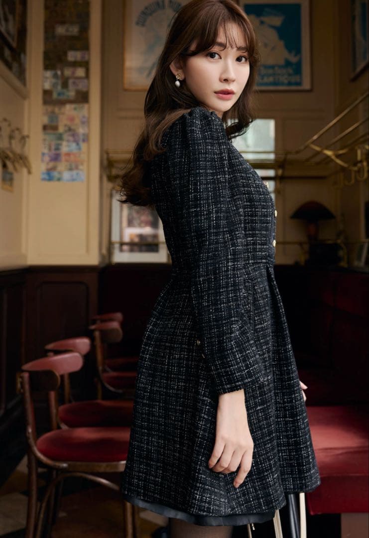 Herlipto ブラック ツイードミニワンピース