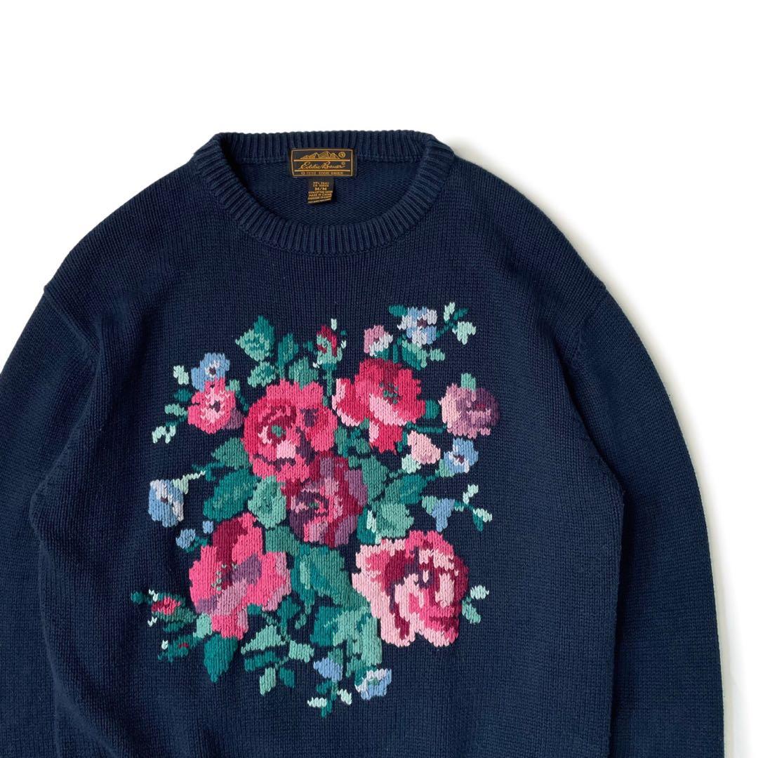90’s Eddie Bauer 黒タグ コットンニット 花柄 刺繍 セーター