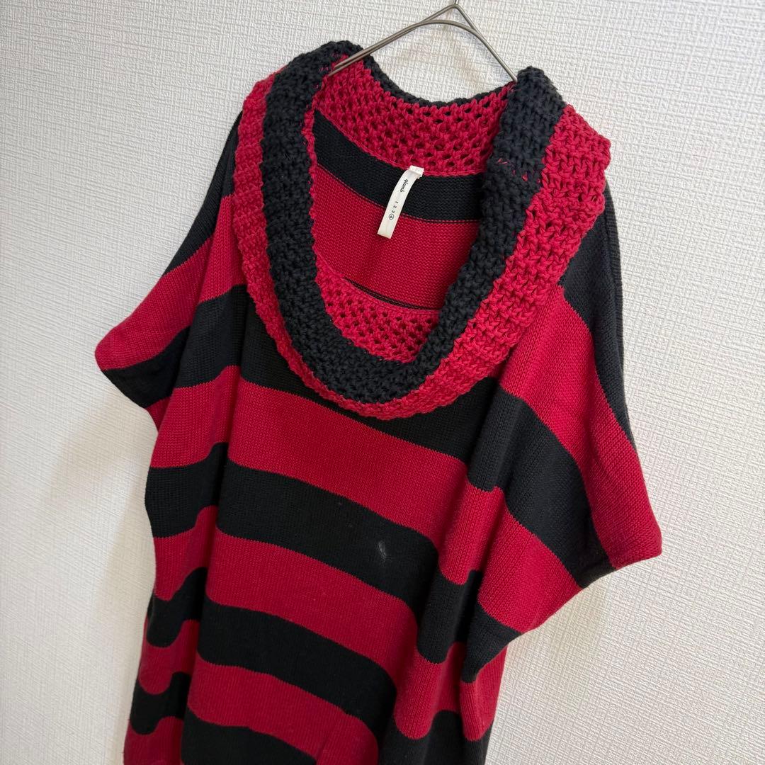 735 glamb 赤黒ワイドボーダー クロシェ編みカウル襟コットンチュニック