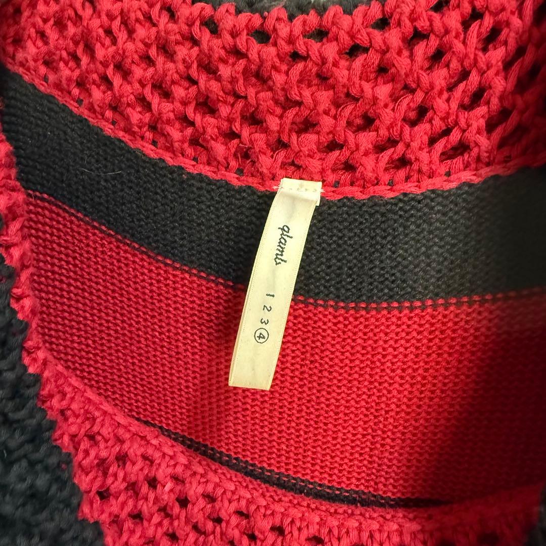 735 glamb 赤黒ワイドボーダー クロシェ編みカウル襟コットンチュニック