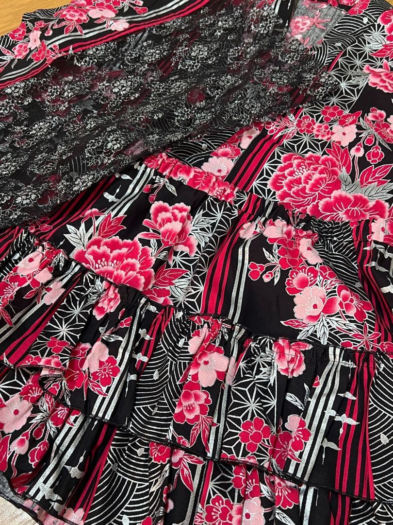 浴衣ドレス　④赤ピンク×黒シルバーレース　地雷系　量産型　y2k　平成