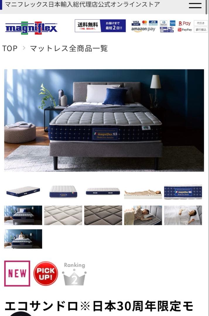 マニフレックス エコサンドロ マットレス最上位モデル ダブルベッド　リバーシブル