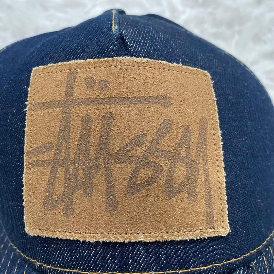 STUSSY 90~00s 6パネル　デニムキャップ　レザーパッチ　オールド