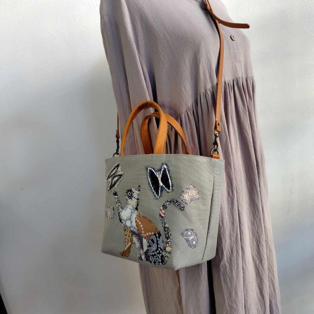 333W 様　/猫とちょうちょカケラパッチ/しきりトートSサイズ/本革キャメ