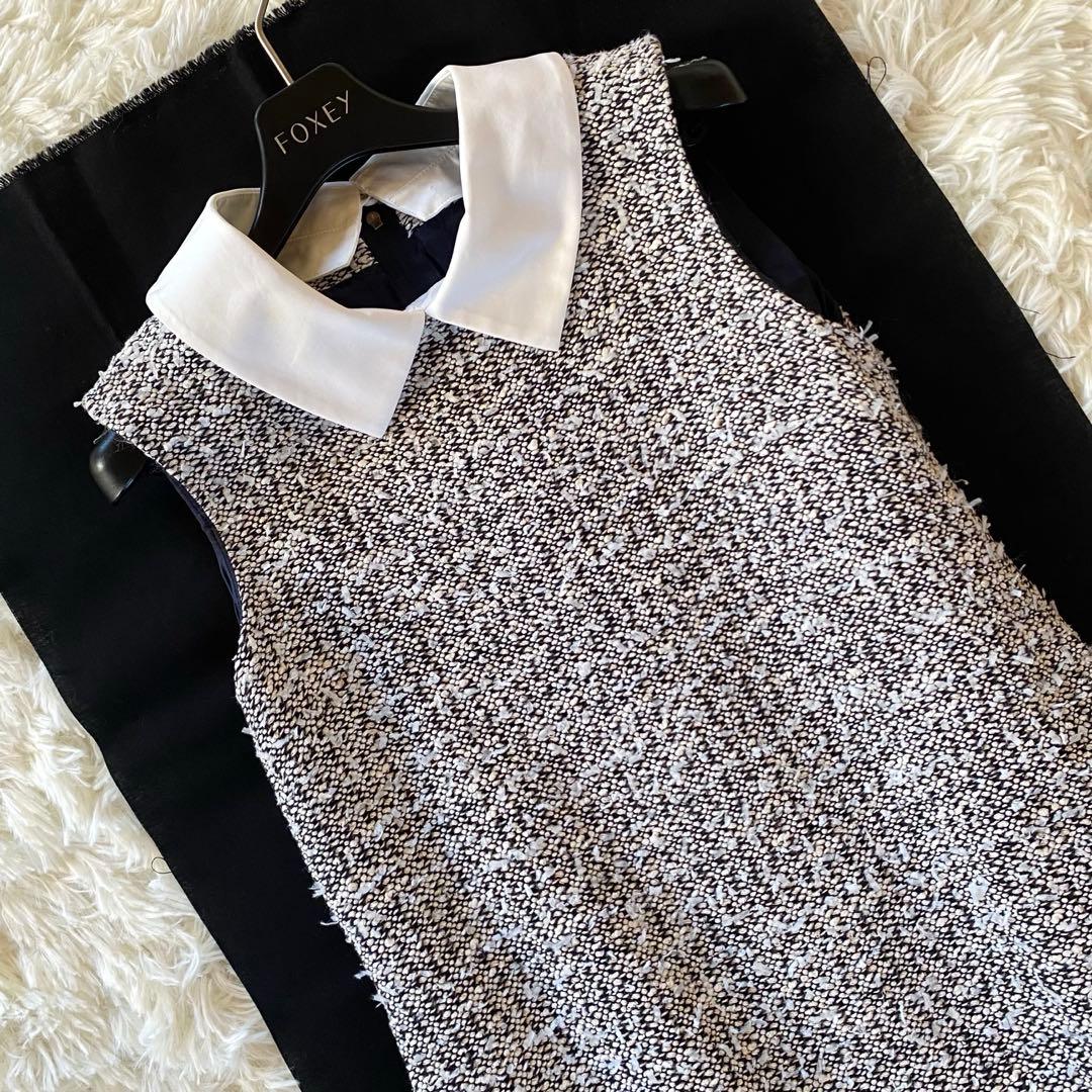 近年・2way✨フォクシー　ツイードワンピース　白襟　ノースリーブ　ティアード