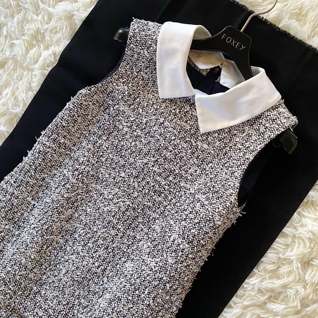近年・2way✨フォクシー　ツイードワンピース　白襟　ノースリーブ　ティアード