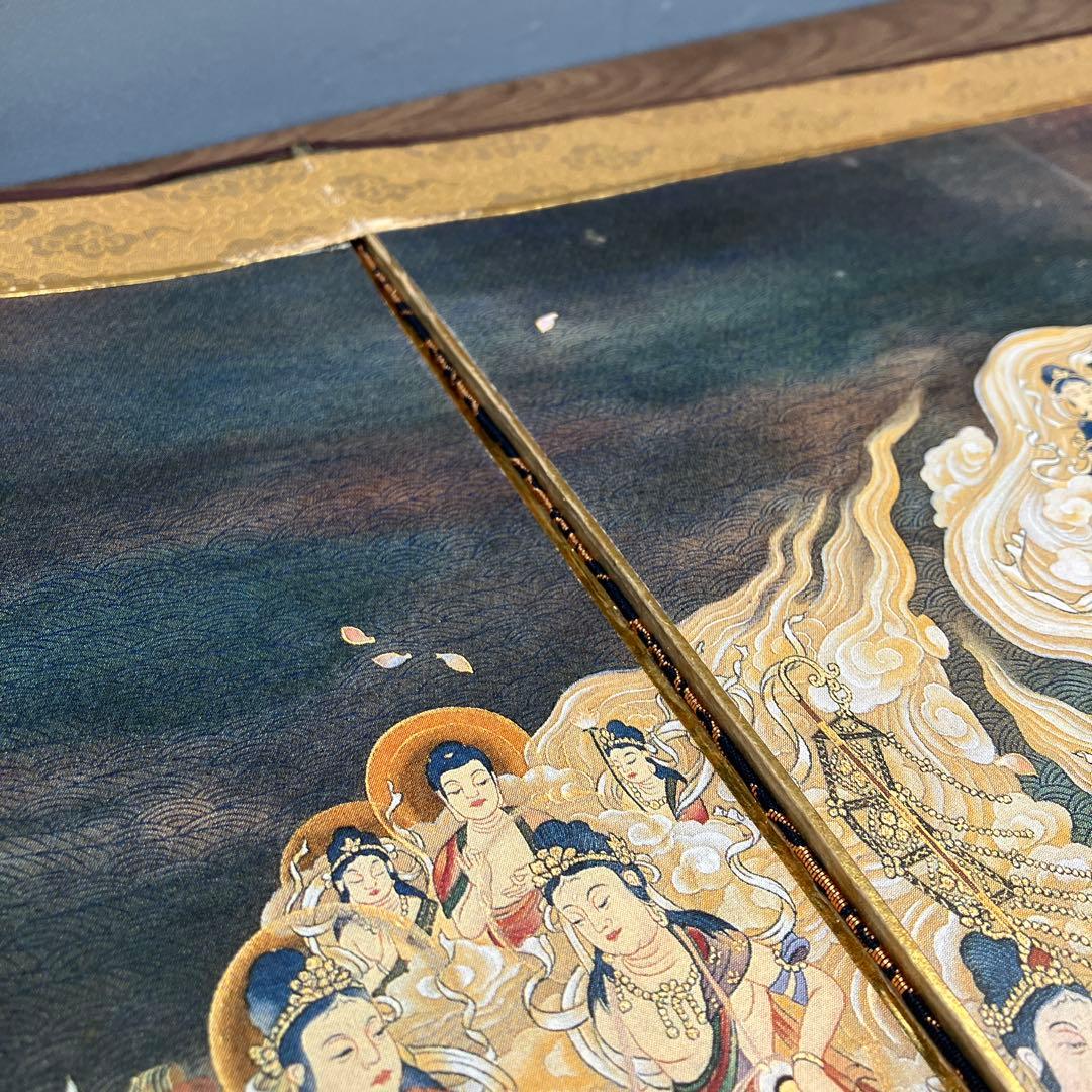 昭和レトロ 仏教美術 阿弥陀二十五菩薩来迎図 三つ折り屏風 金彩 縁起物