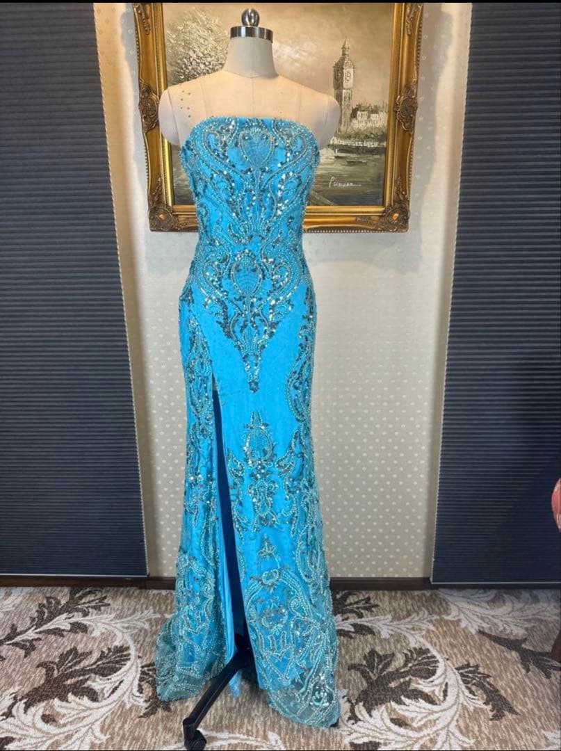 水色 ストラップレス ロングドレス