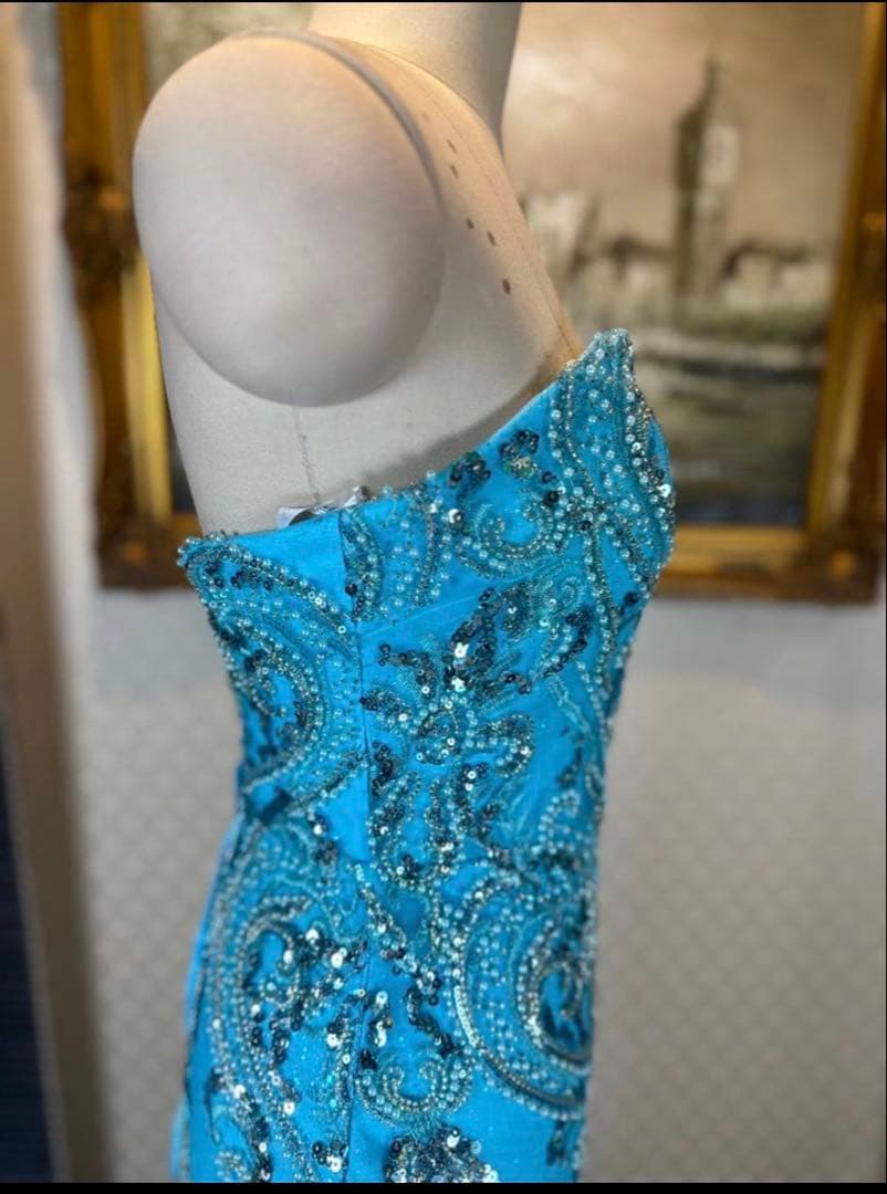 水色 ストラップレス ロングドレス