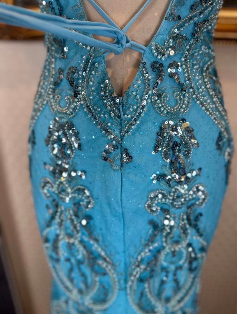 水色 ストラップレス ロングドレス