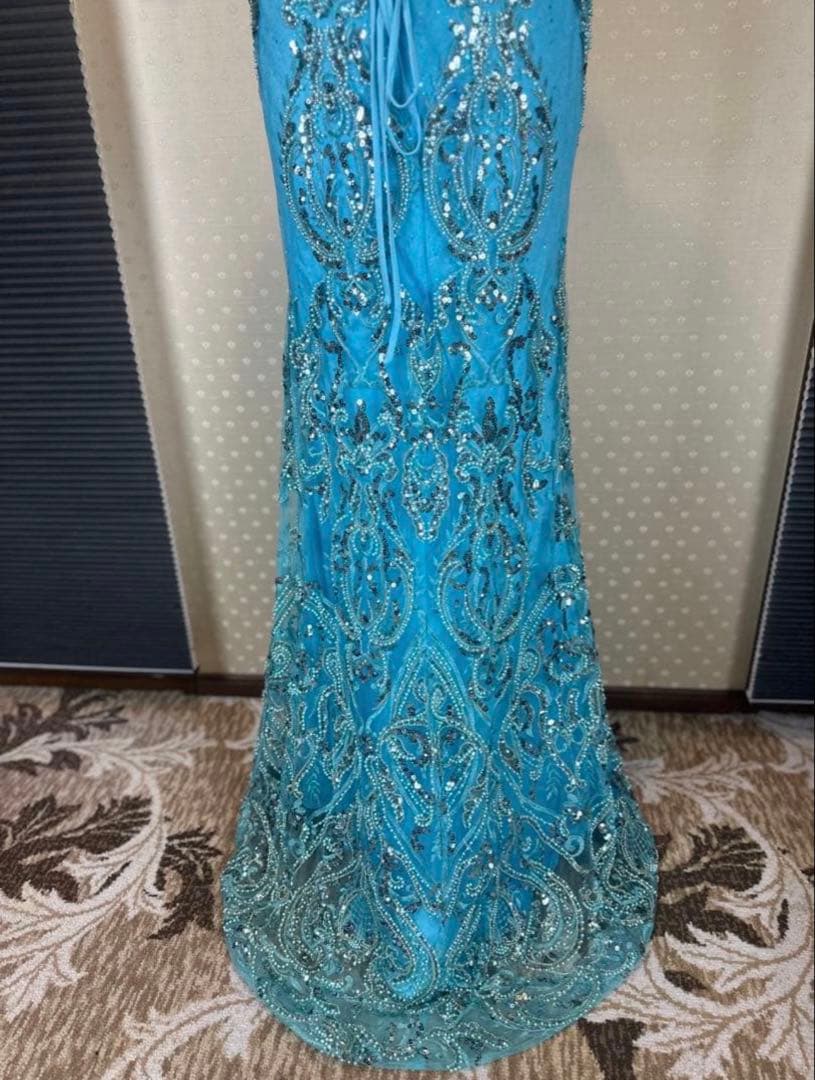 水色 ストラップレス ロングドレス