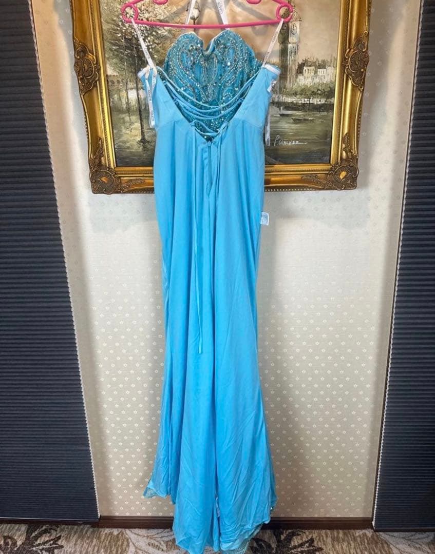 水色 ストラップレス ロングドレス