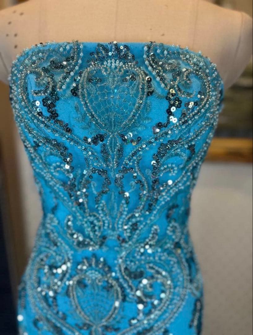 水色 ストラップレス ロングドレス