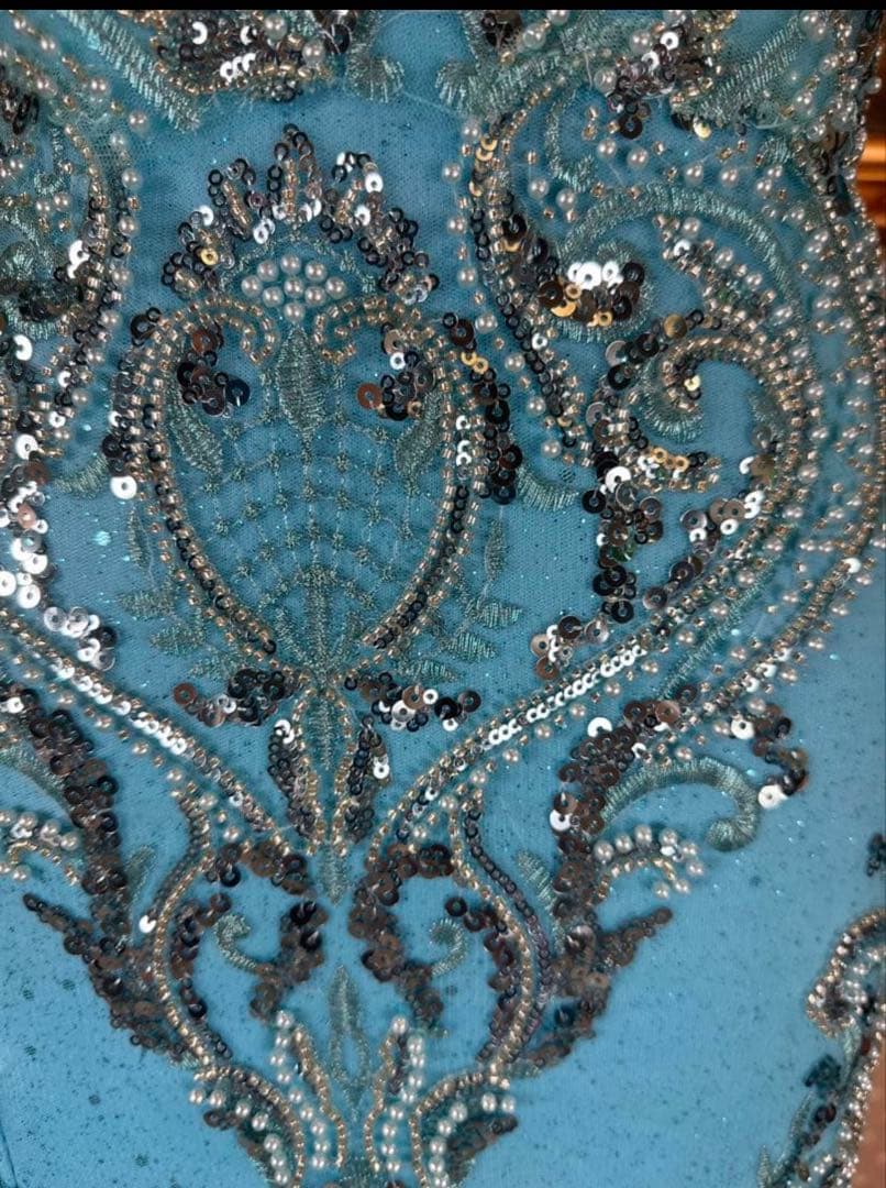 水色 ストラップレス ロングドレス