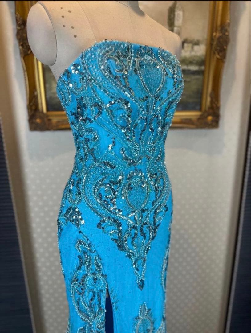 水色 ストラップレス ロングドレス