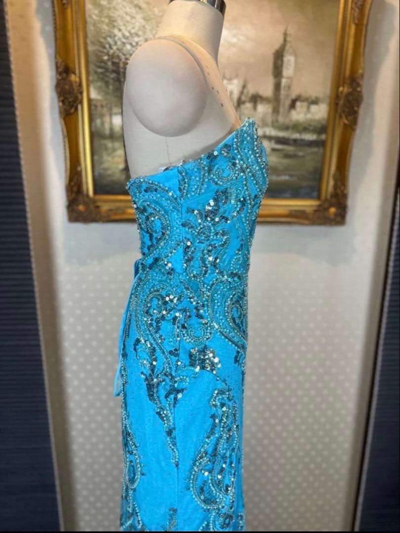 水色 ストラップレス ロングドレス