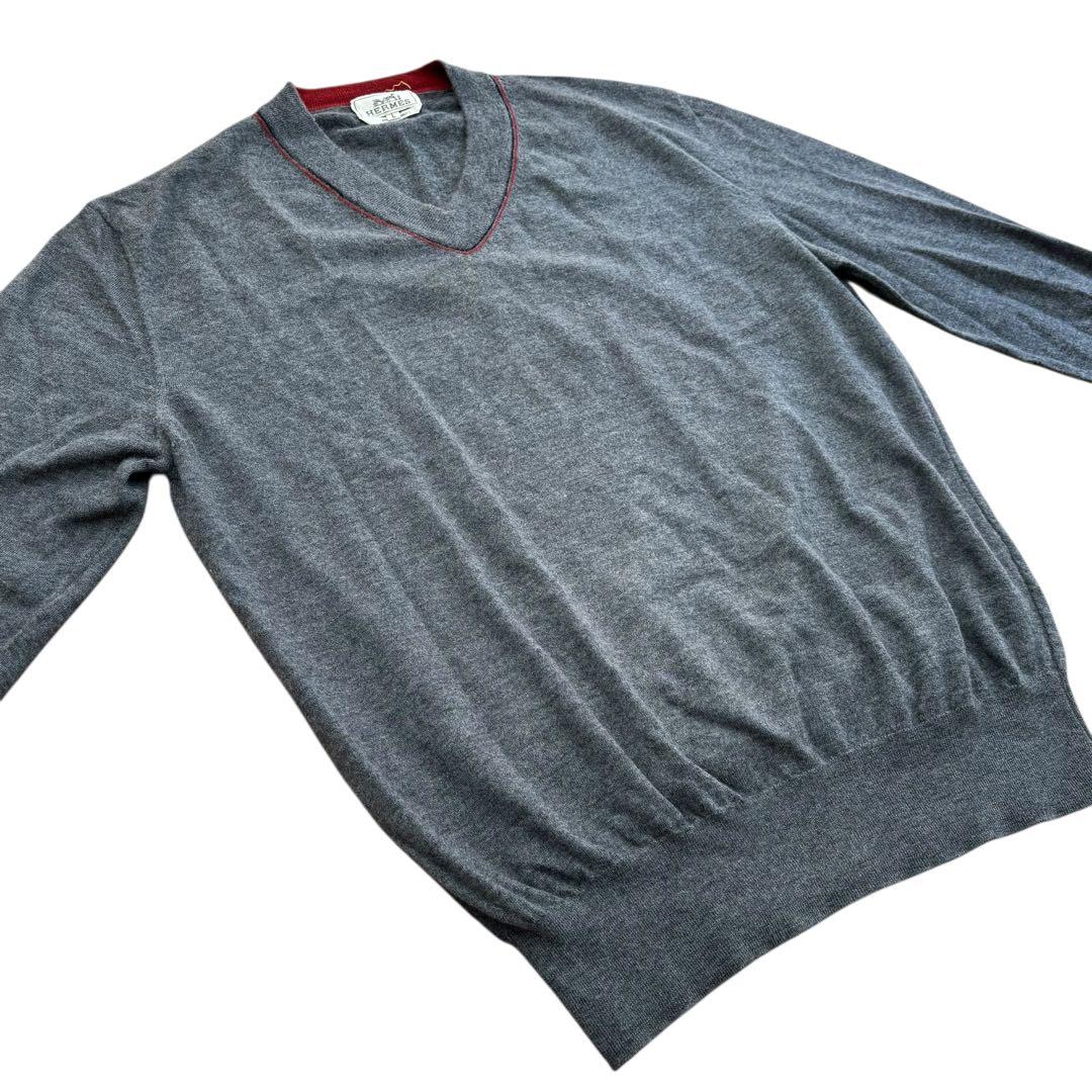 エルメス 未使用級 カシミヤ100% Vネック セーター ニット グレー L