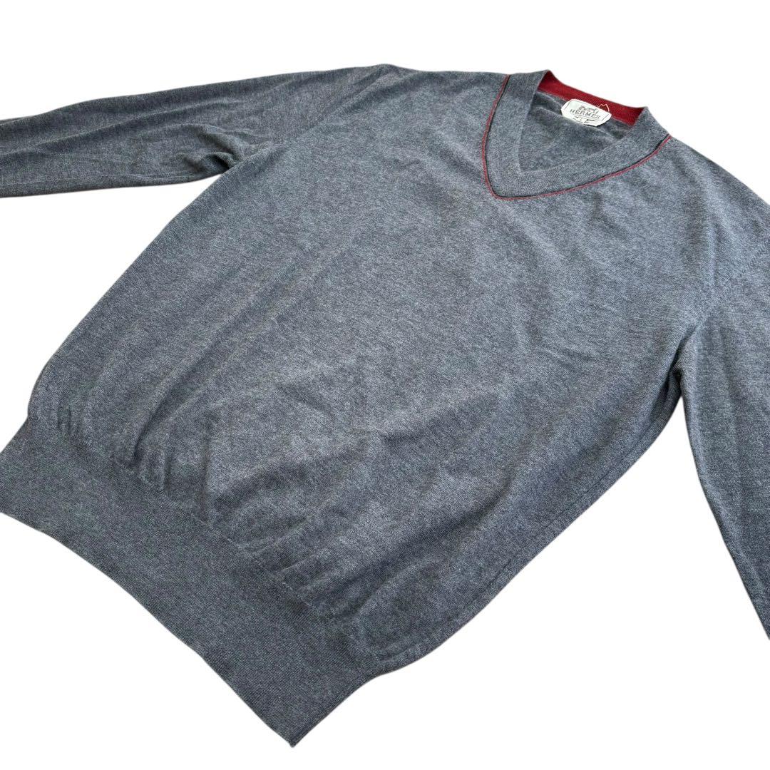 エルメス 未使用級 カシミヤ100% Vネック セーター ニット グレー L
