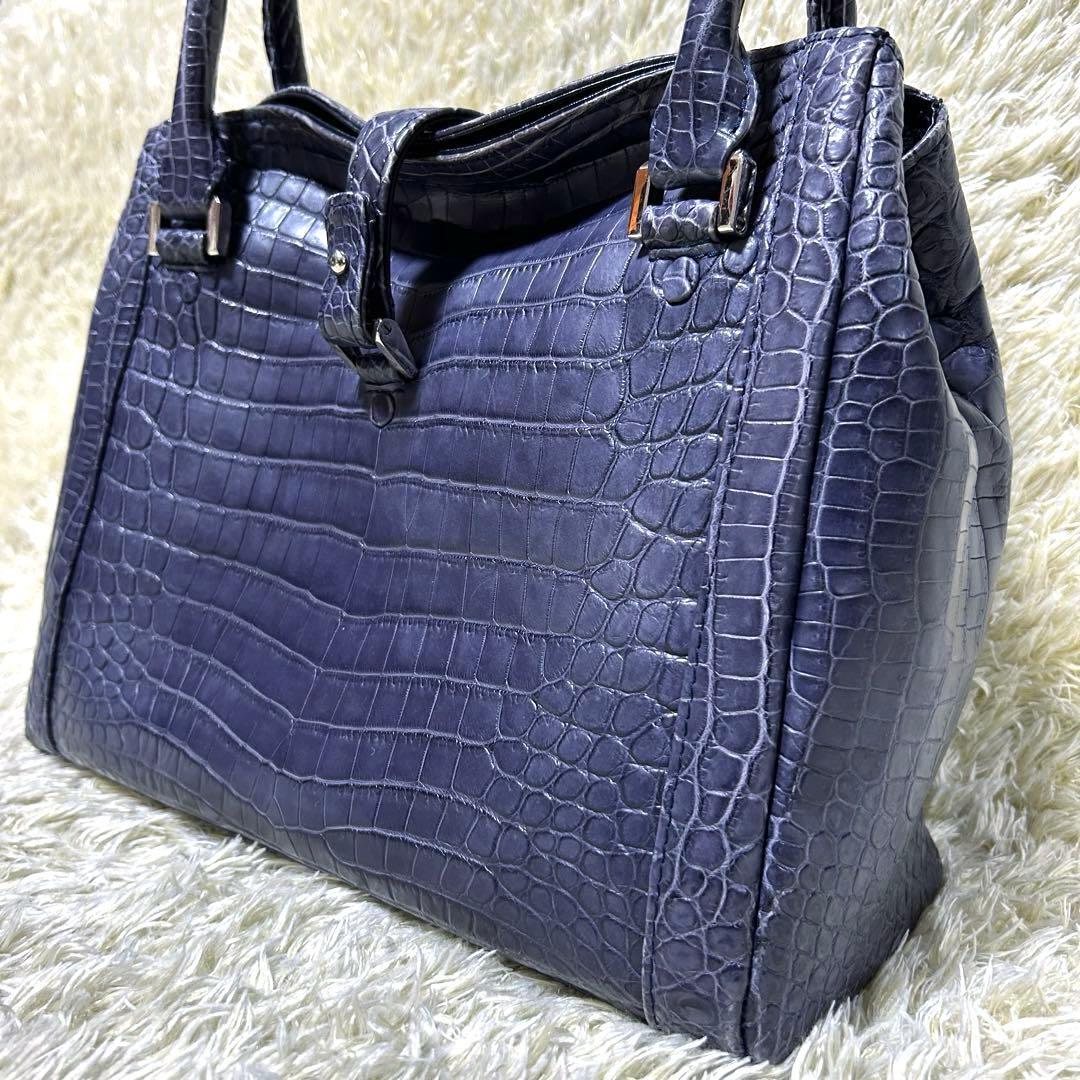 【美品】Genuine Crocodile Skin ハンドバッグ　ブルー　本革