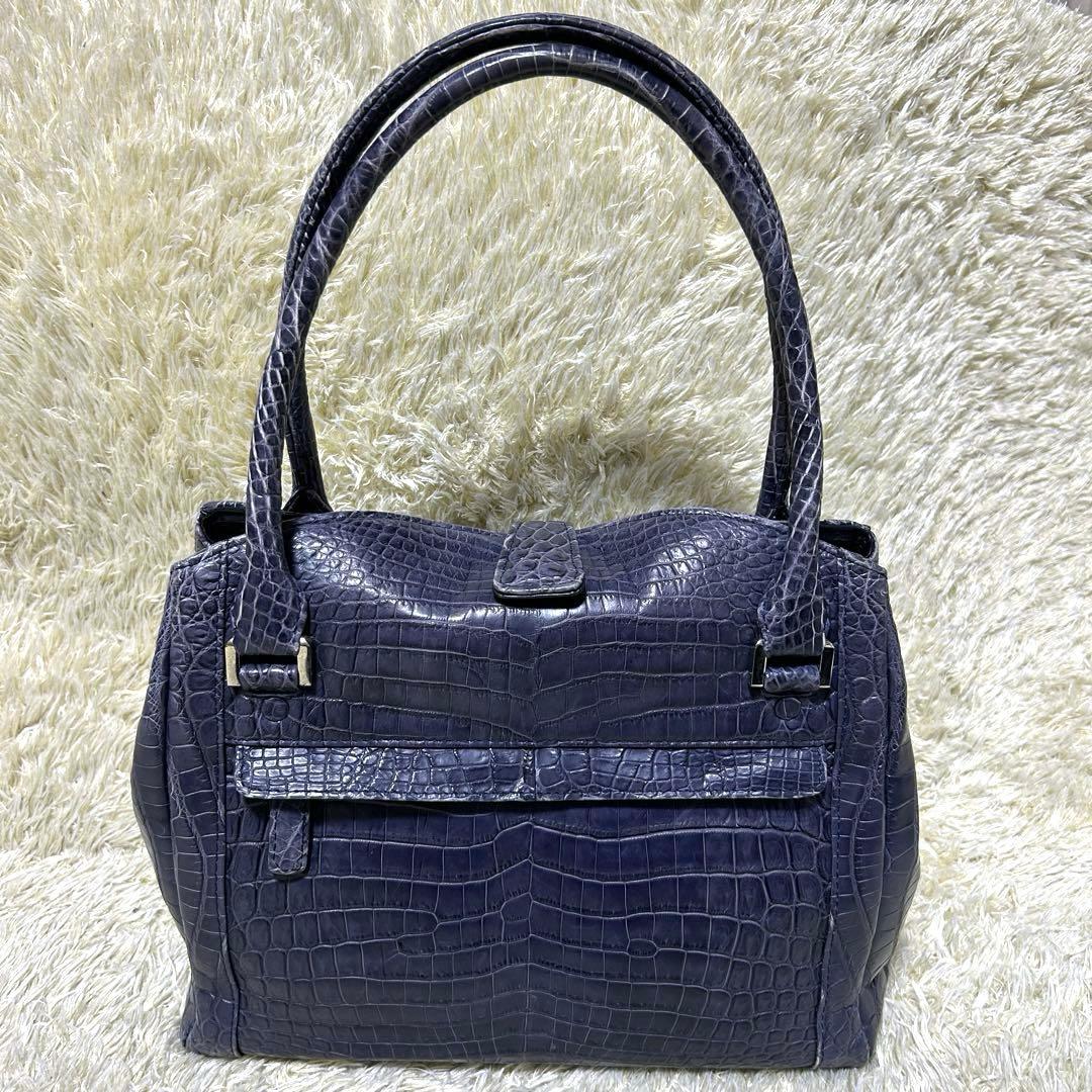 【美品】Genuine Crocodile Skin ハンドバッグ　ブルー　本革