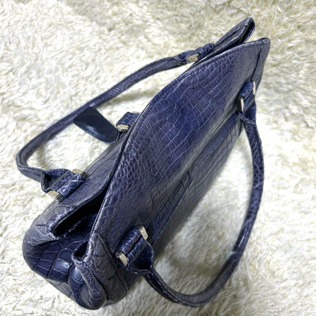 【美品】Genuine Crocodile Skin ハンドバッグ　ブルー　本革