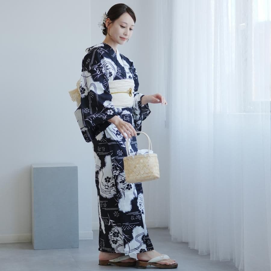 新品　ウタタネ　浴衣　帯　２点　セット 高級変わり織 濃紺に撫子瓢箪 レトロ