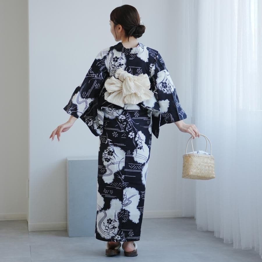 新品　ウタタネ　浴衣　帯　２点　セット 高級変わり織 濃紺に撫子瓢箪 レトロ