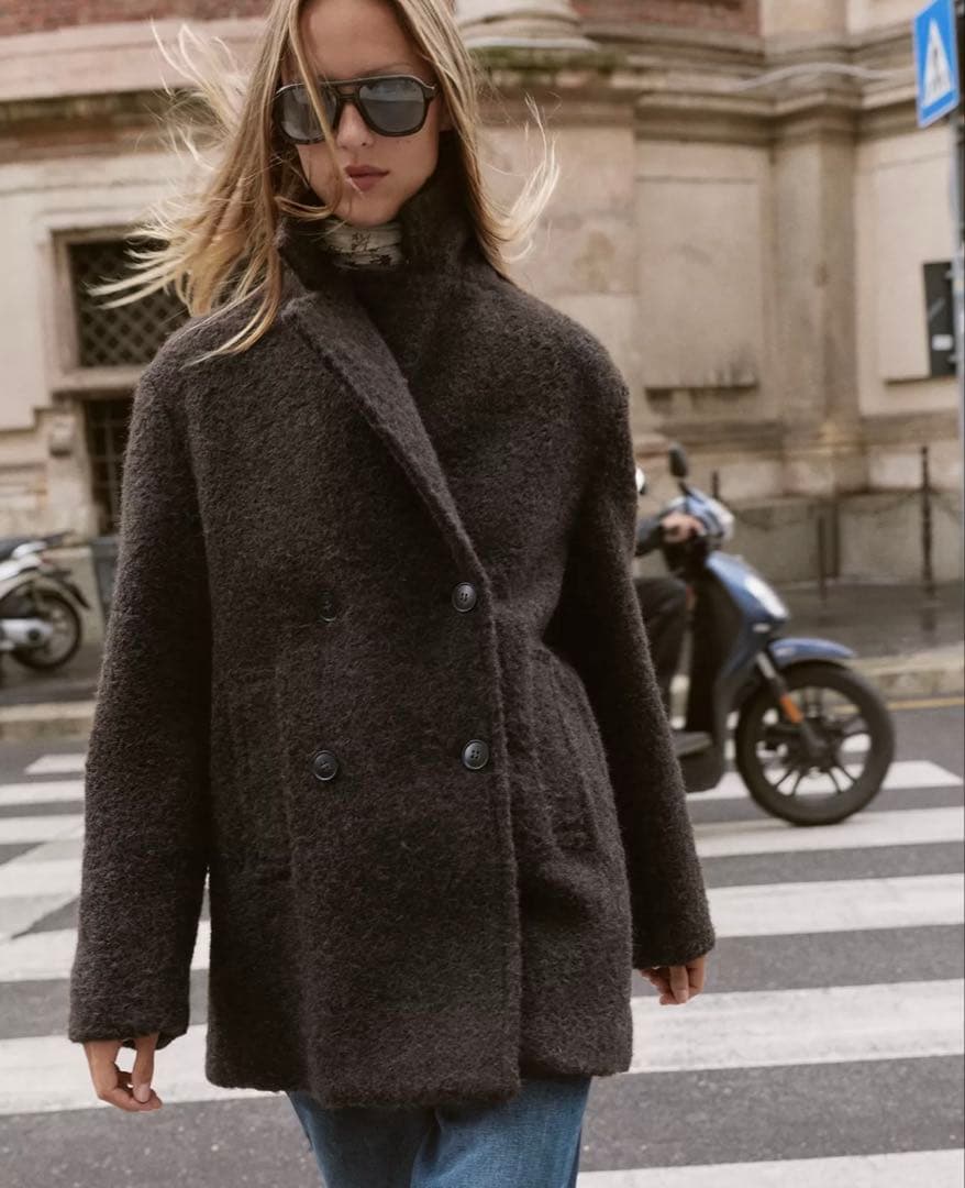 【新品】ZARA　ブークレダブルブレストミディ丈コート　XSサイズ