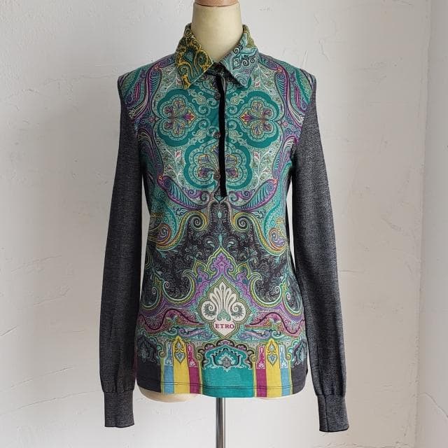 ETRO エトロ ☆ ペイズリー柄 切替 ウール ポロシャツ 長袖 42 伊製