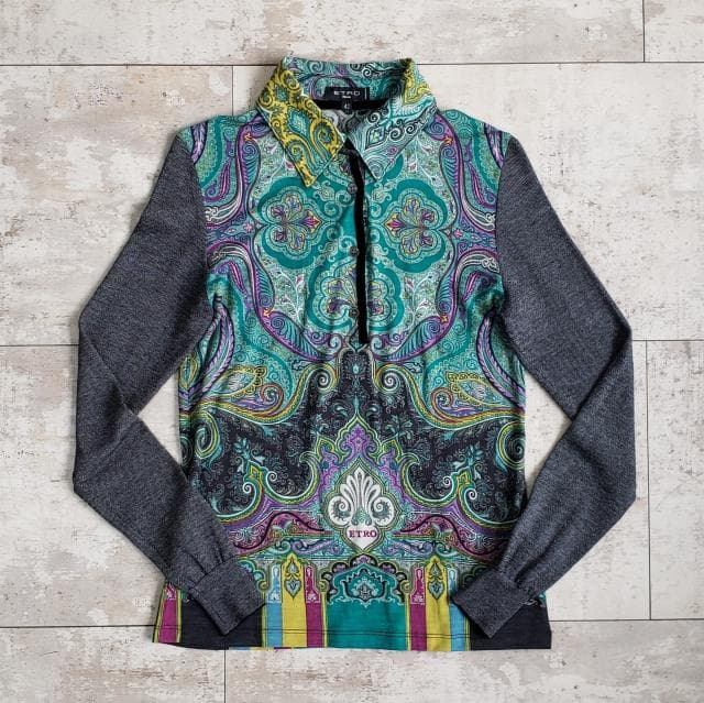 ETRO エトロ ☆ ペイズリー柄 切替 ウール ポロシャツ 長袖 42 伊製