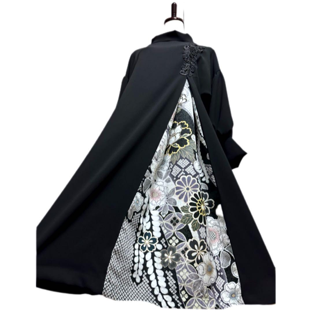 振袖　着物リメイク　ドレス　黒×シック辻が花　和柄　ワンピース　ハンドメイド