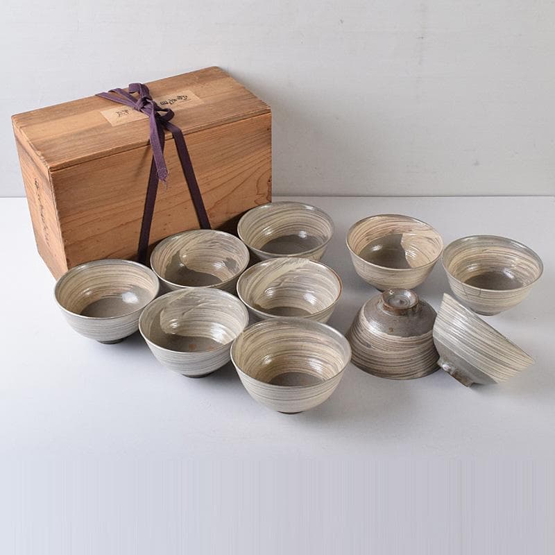 和食器　唐津焼　刷毛目　数茶碗　十客　在銘　時代箱付　C　7513A